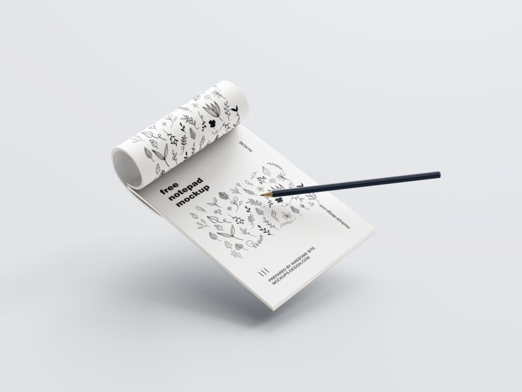 5 Mockups of Notepad with Pencil in Various Perspective Views