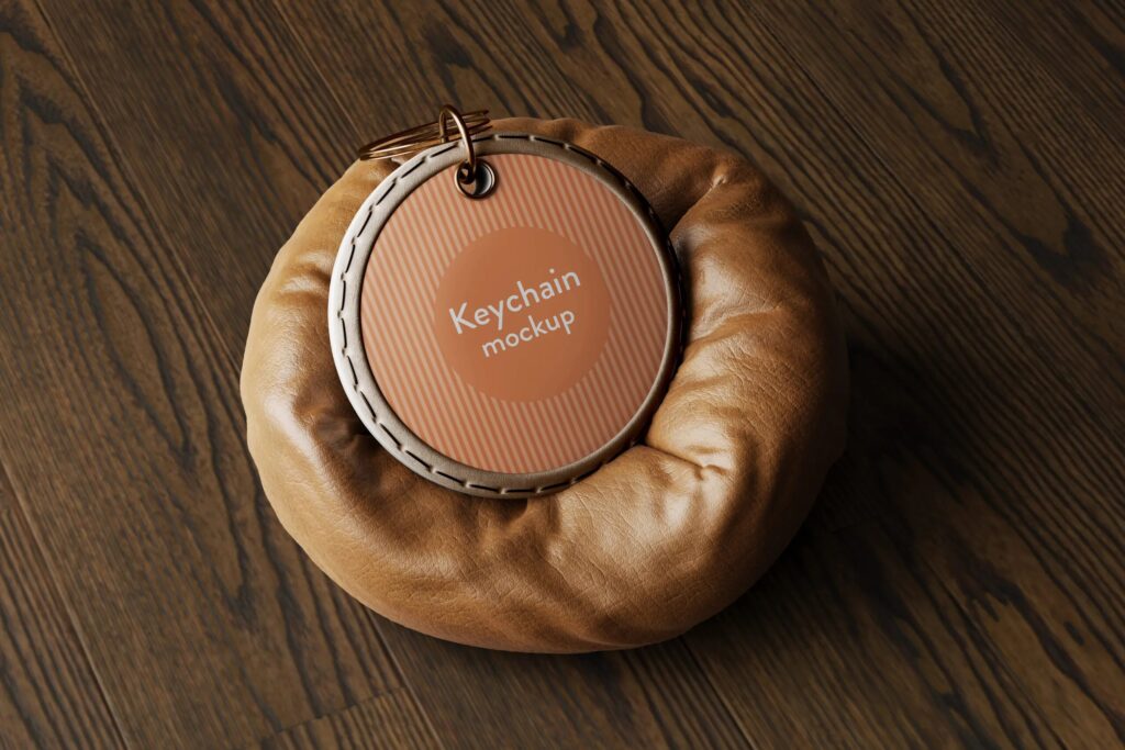 5 Round Keychain Mockup with Leather Pillow in Various Views mockup preview