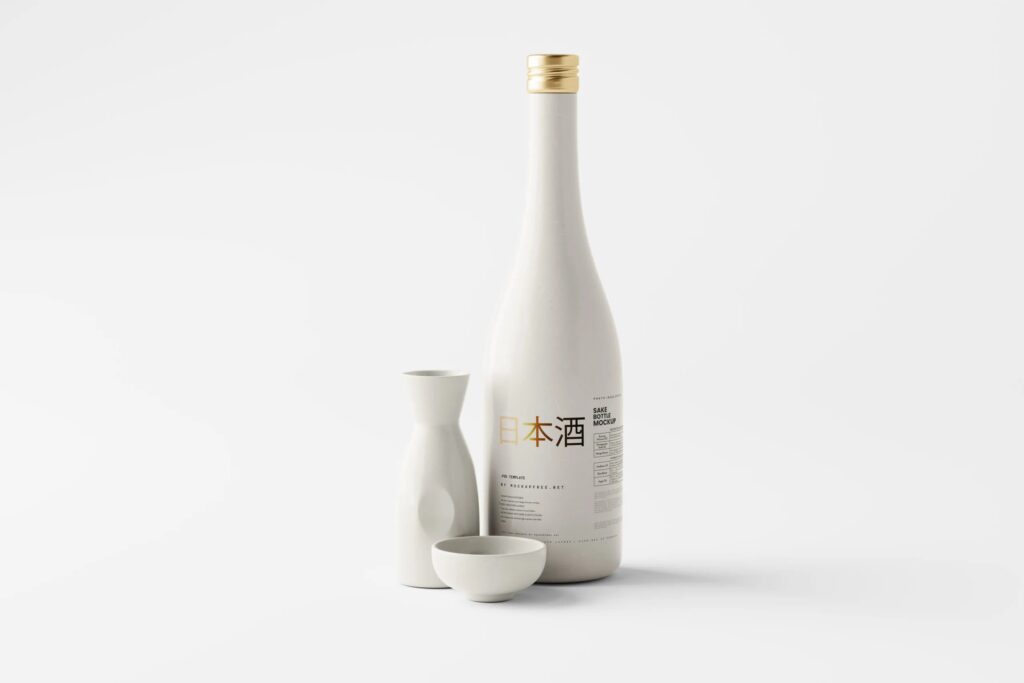 5 Sake Bottle Mockup with Cups in Different Sights
