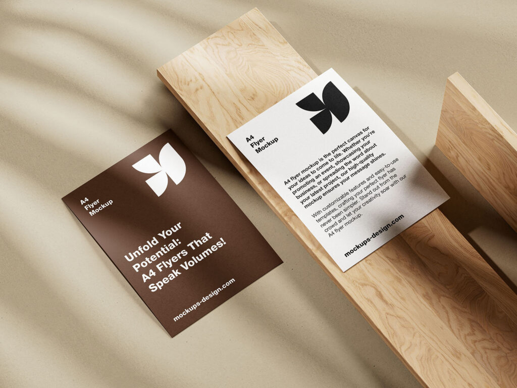 5 Shots of A4 Flyer Mockup on Wooden Board