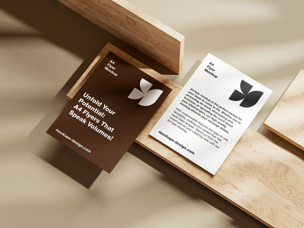 5 Shots of A4 Flyer Mockup on Wooden Board