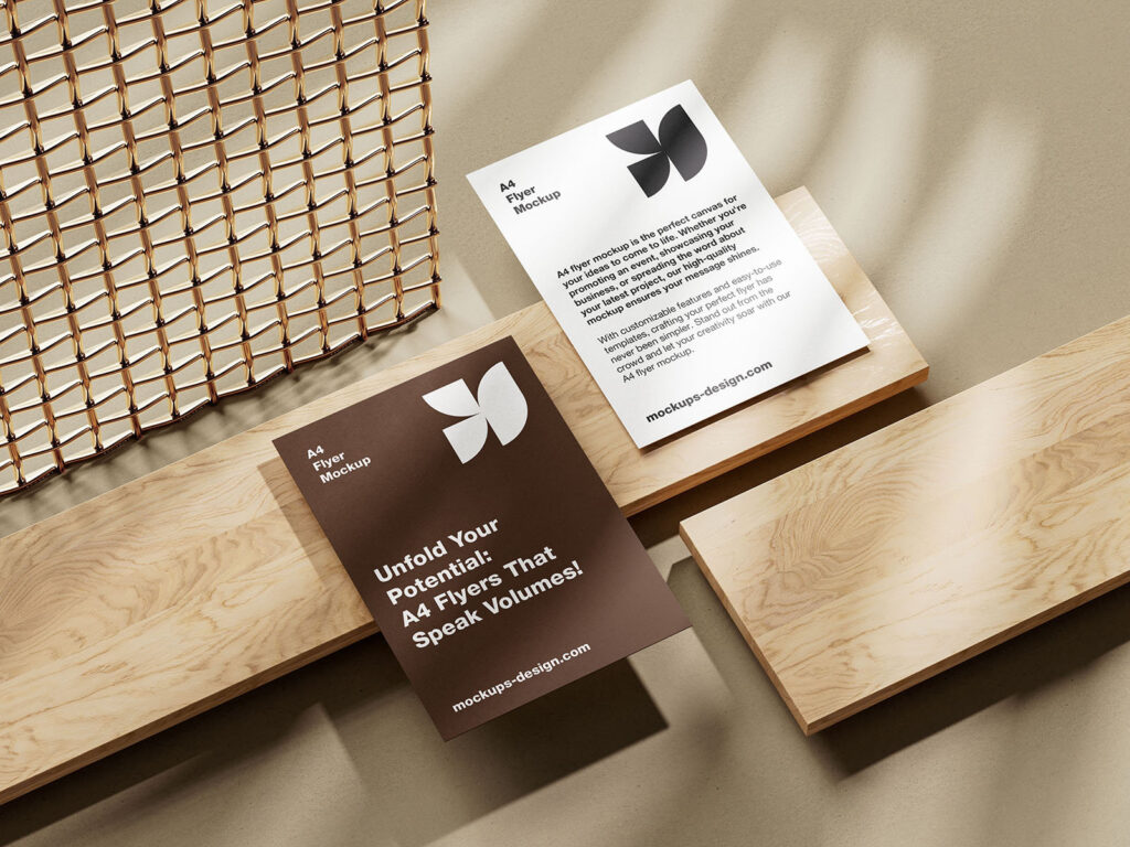 5 Shots of A4 Flyer Mockup on Wooden Board