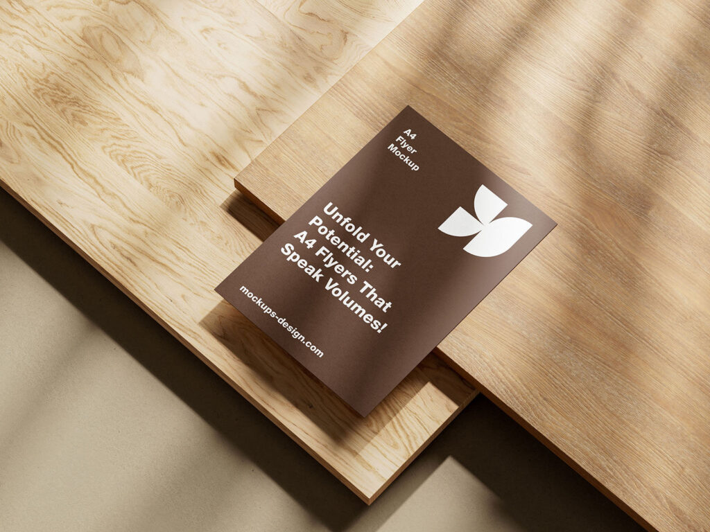 5 Shots of A4 Flyer Mockup on Wooden Board