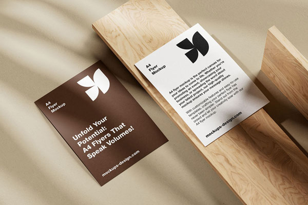 5 Shots of A4 Flyer Mockup on Wooden Board