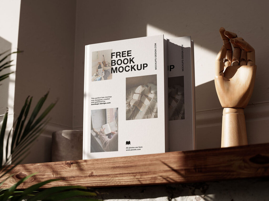 5 Shots of Books Mockup on Wooden Shelf