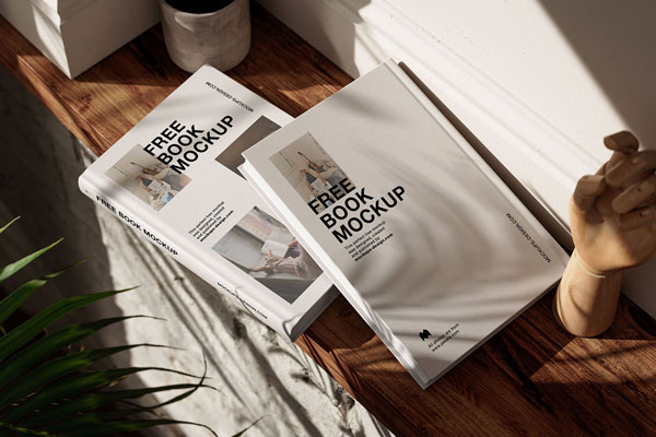 5 Shots of Books Mockup on Wooden Shelf