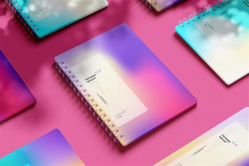 5 Sights of Spiral Notebook Mockup with Shadow Overlay