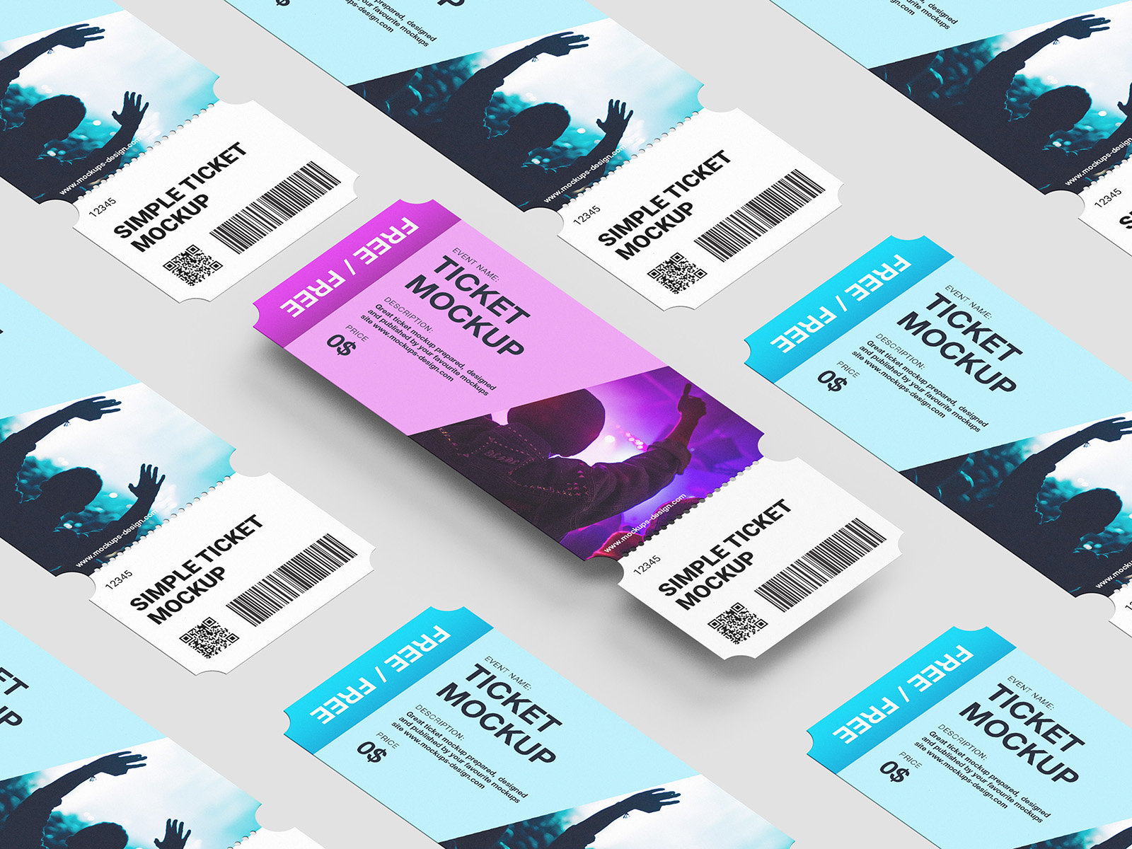 5 Tickets Mockups in Perspective Sights FREE PSD