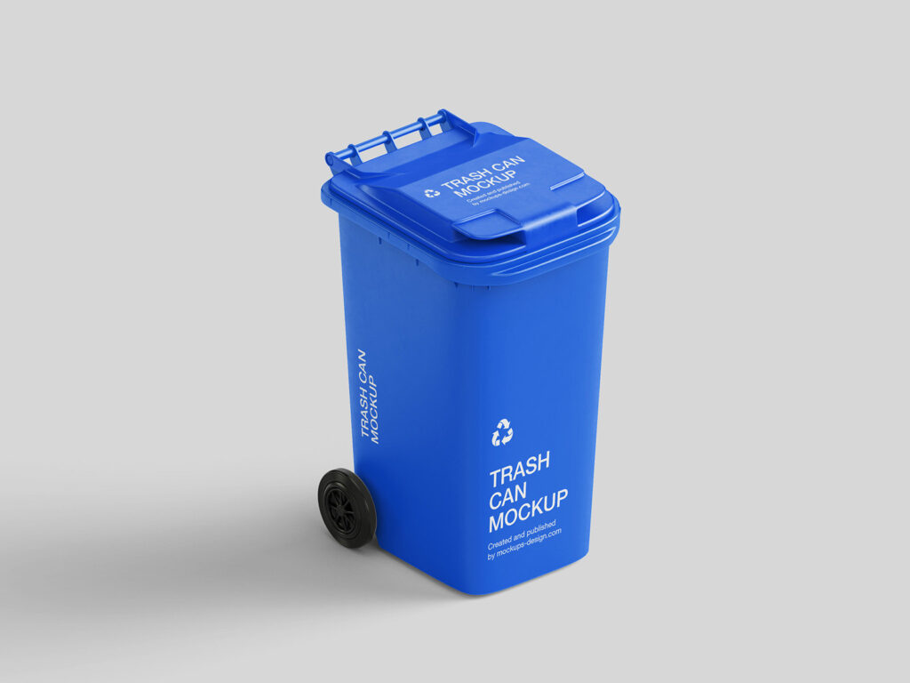 5 Trash Can Mockups in Perspective and Front Sight