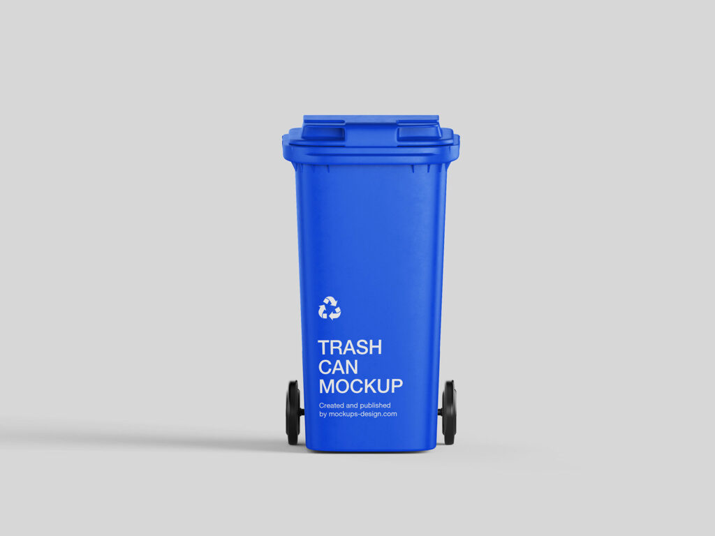 5 Trash Can Mockups in Perspective and Front Sight