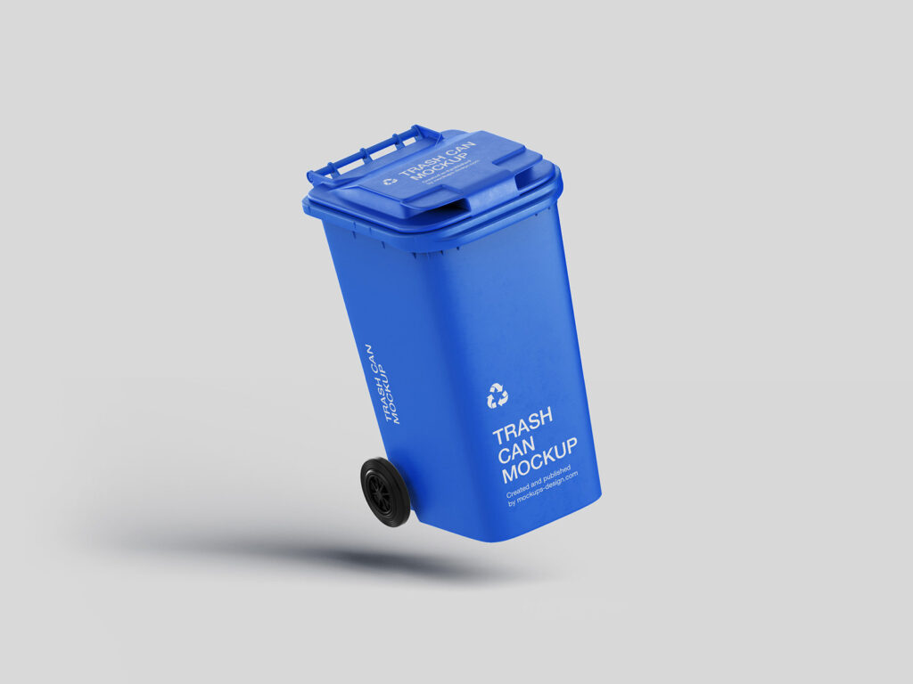 5 Trash Can Mockups in Perspective and Front Sight