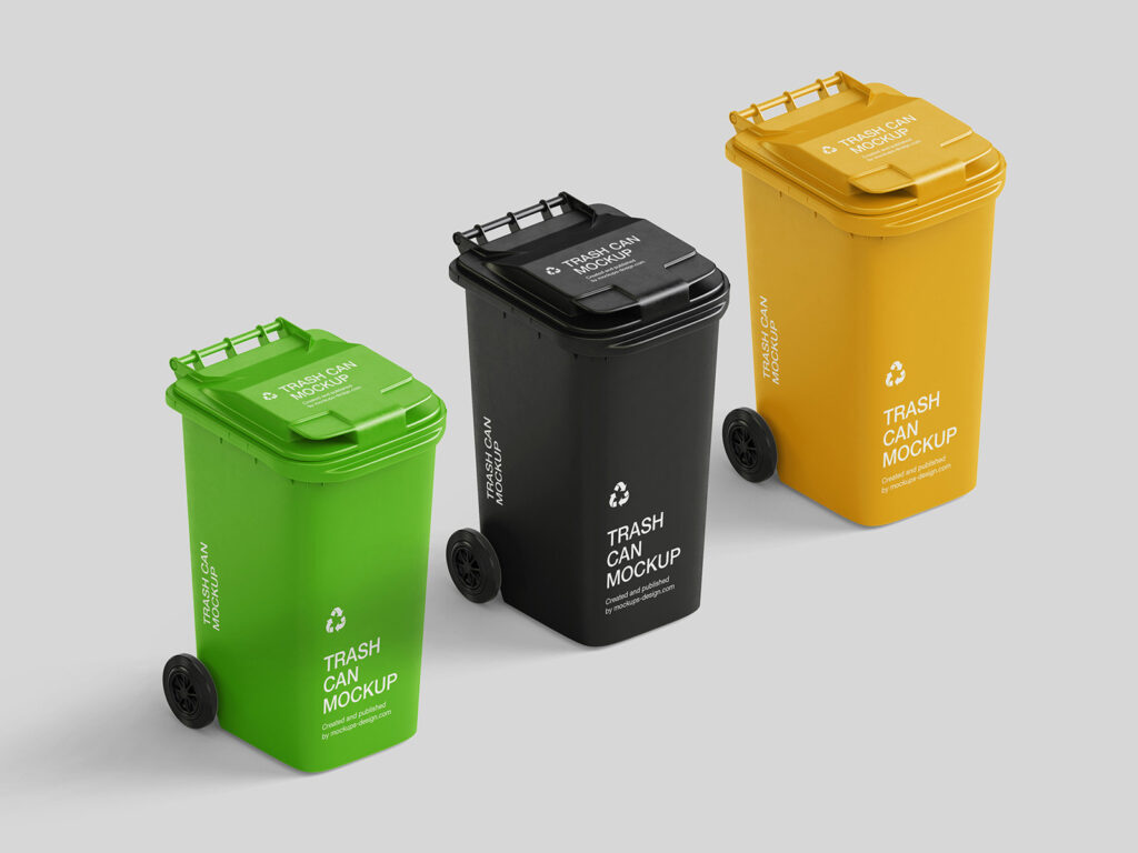 5 Trash Can Mockups in Perspective and Front Sight