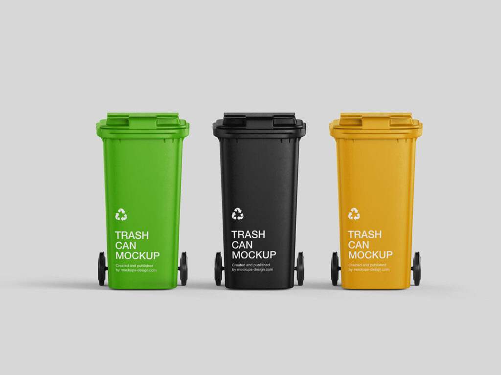 5 Trash Can Mockups in Perspective and Front Sight