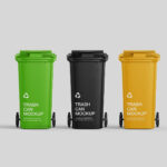 5 Trash Can Mockups in Perspective and Front Sight