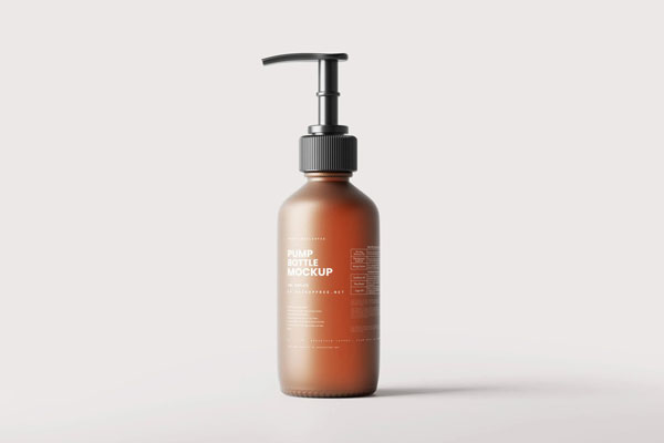 6 Mockups of Frosted Amber Glass Pump Bottle in Varied Sights