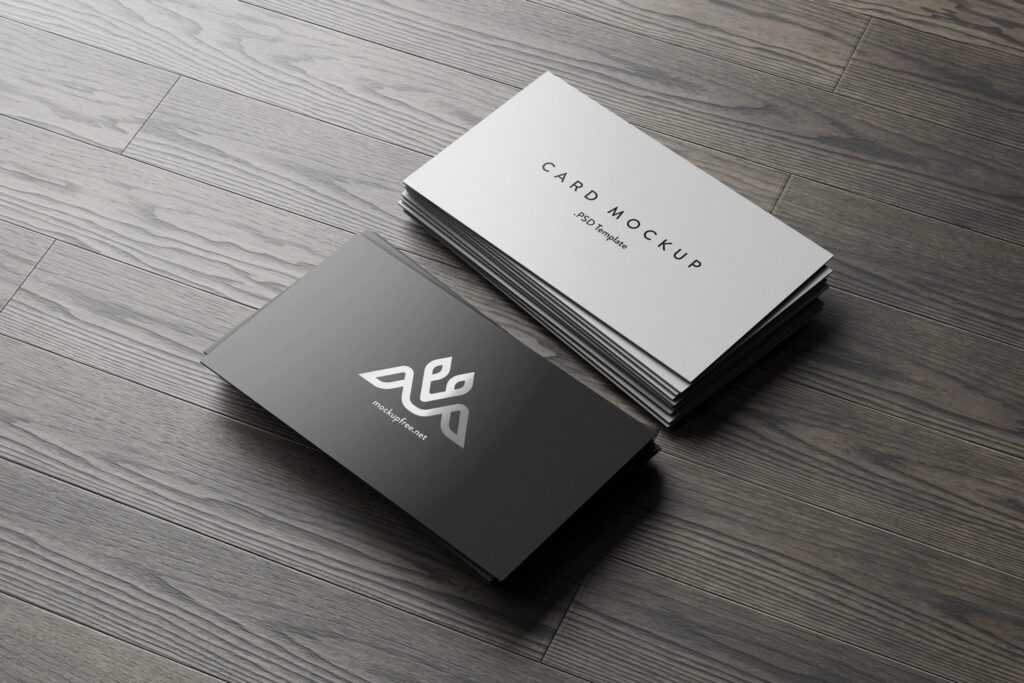 7 Business Cards Mockups Stack on Wood Background