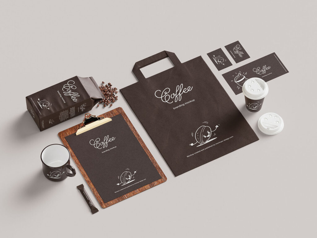 7 Coffee Branding Mockups of Business card, Mug, Paper, and Bag