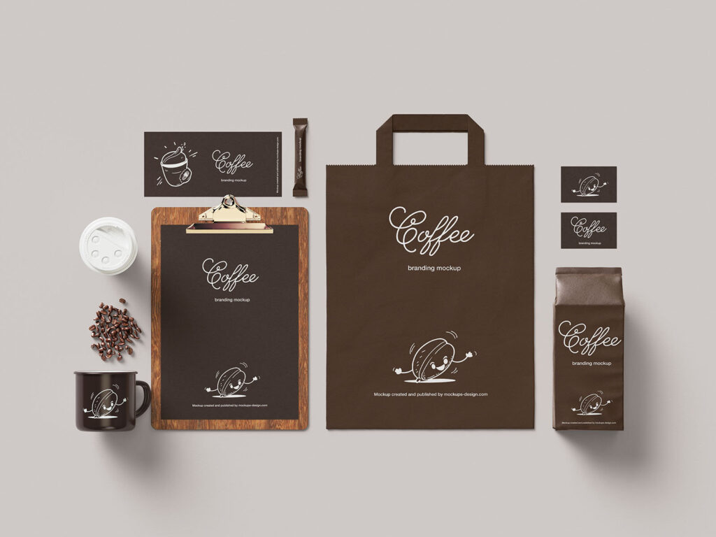 7 Coffee Branding Mockups of Business card, Mug, Paper, and Bag