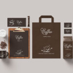 7 Coffee Branding Mockups of Business card, Mug, Paper, and Bag