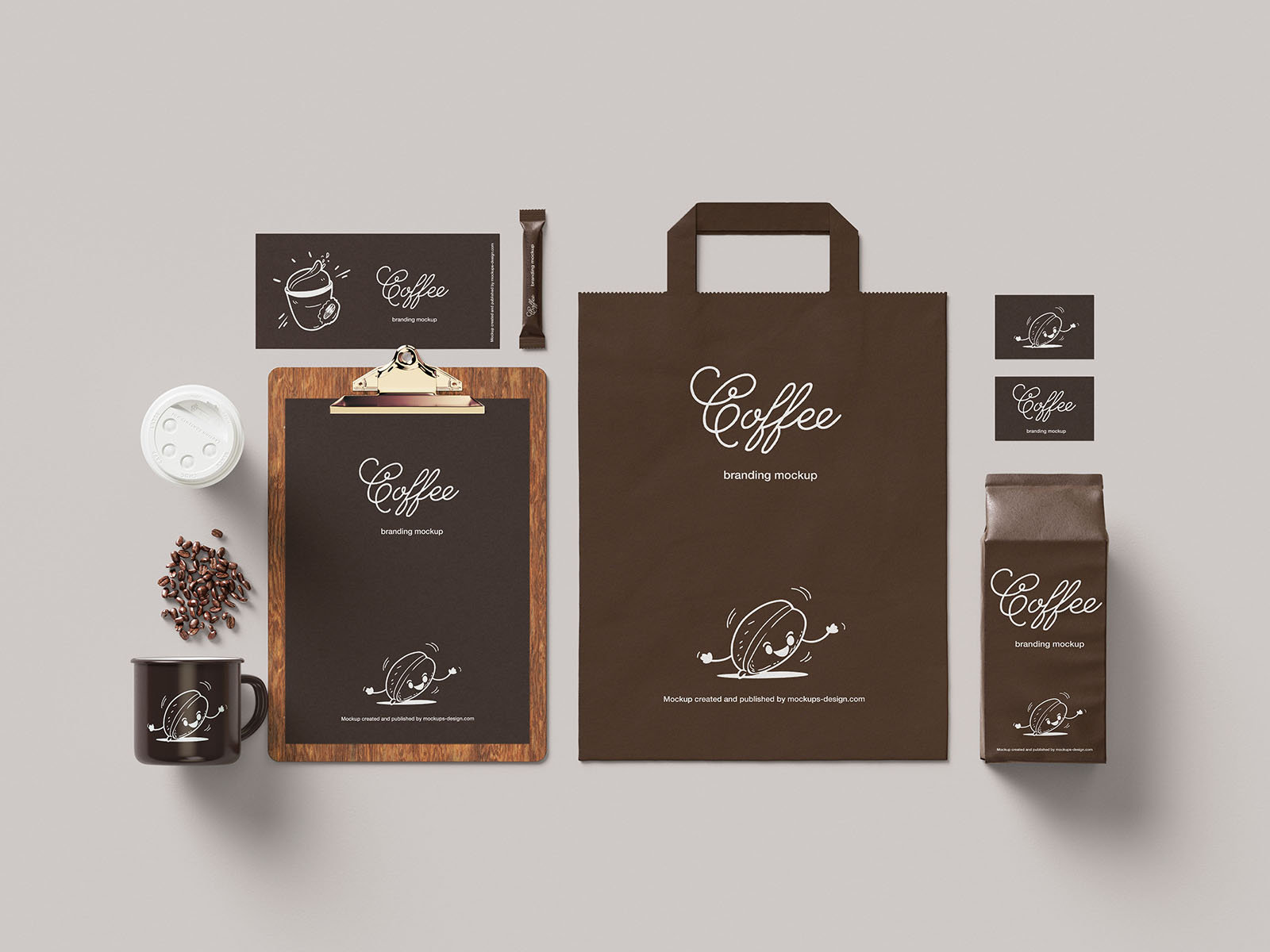 7 Coffee Branding Mockups of Business card, Mug, Paper, and Bag FREE PSD