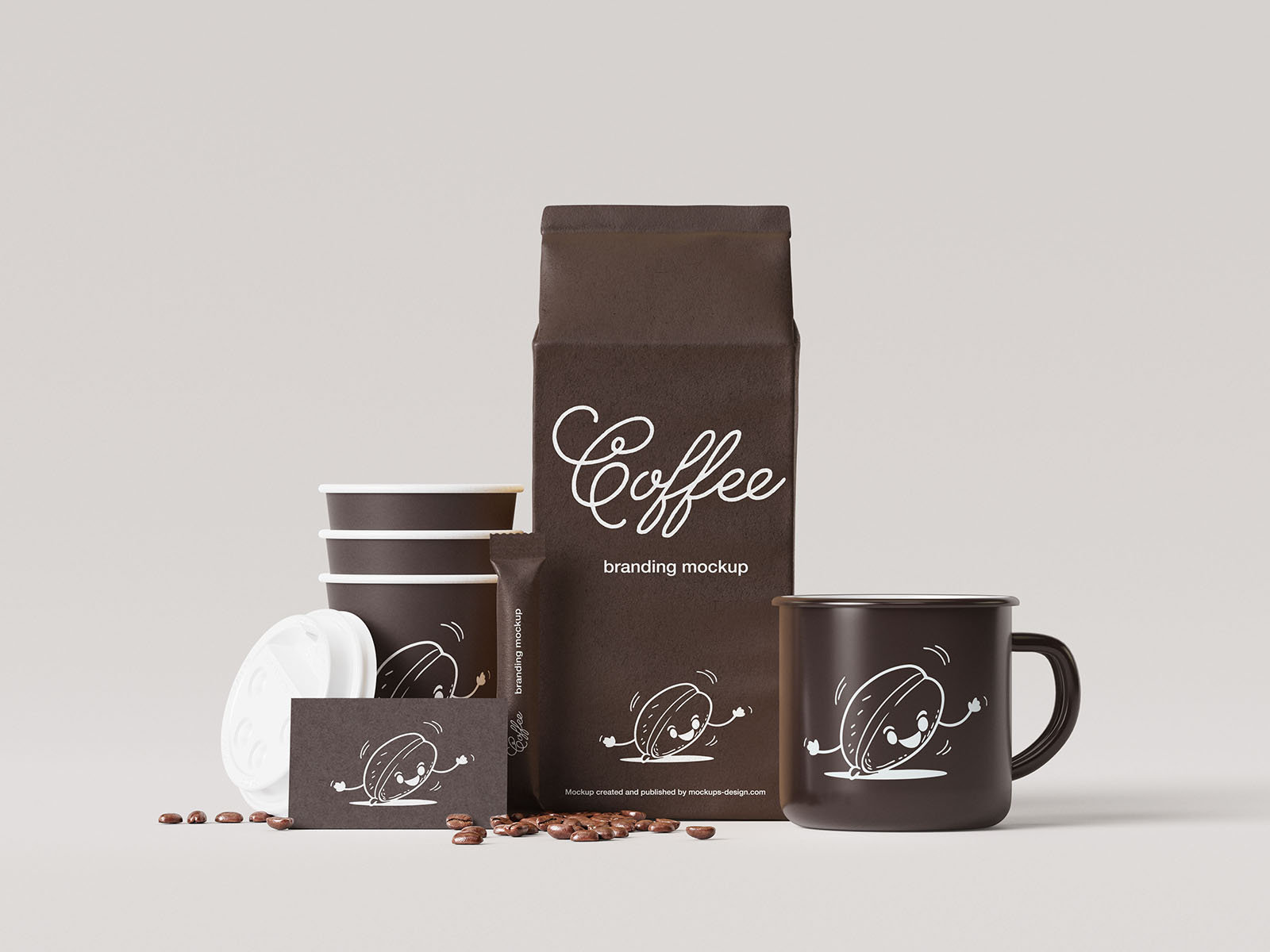 7 Coffee Branding Mockups of Business card, Mug, Paper, and Bag FREE PSD
