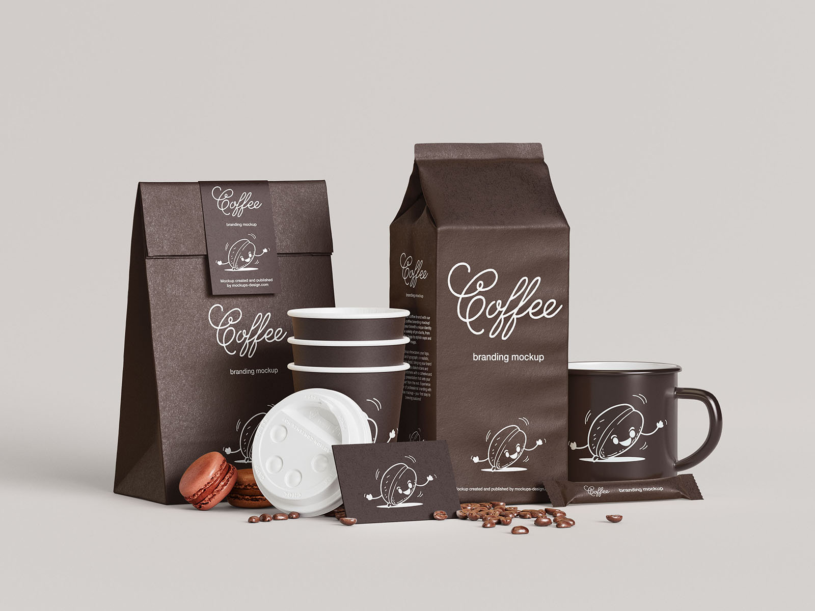 7 Coffee Branding Mockups of Business card, Mug, Paper, and Bag FREE PSD