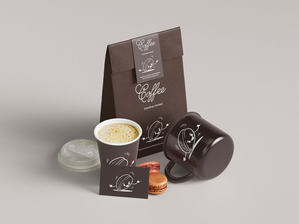 7 Coffee Branding Mockups of Business card, Mug, Paper, and Bag