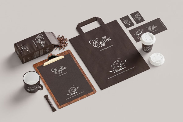 7 Coffee Branding Mockups of Business card, Mug, Paper, and Bag
