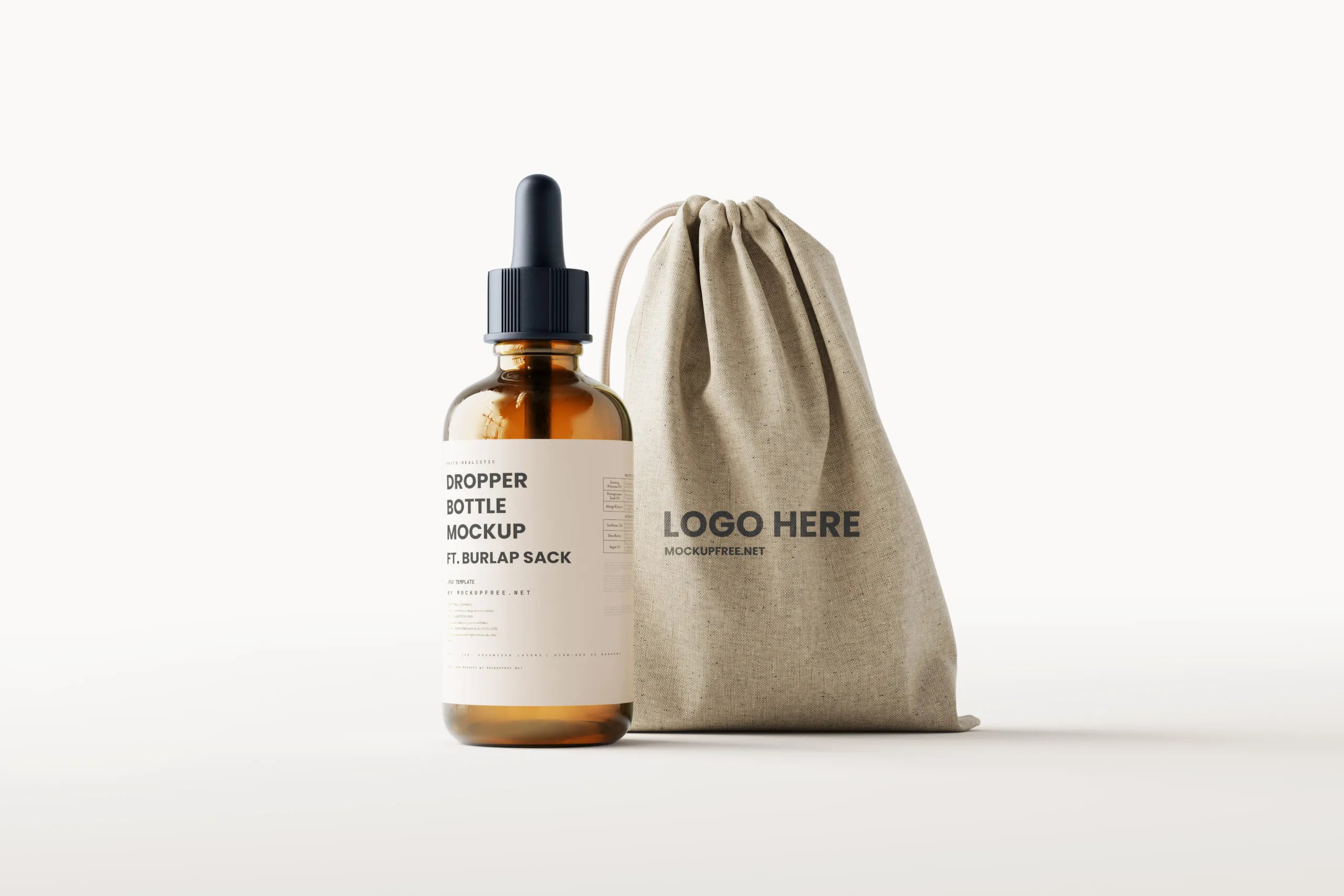 7 Mockups of Dropper Bottle with Burlap Sack FREE PSD