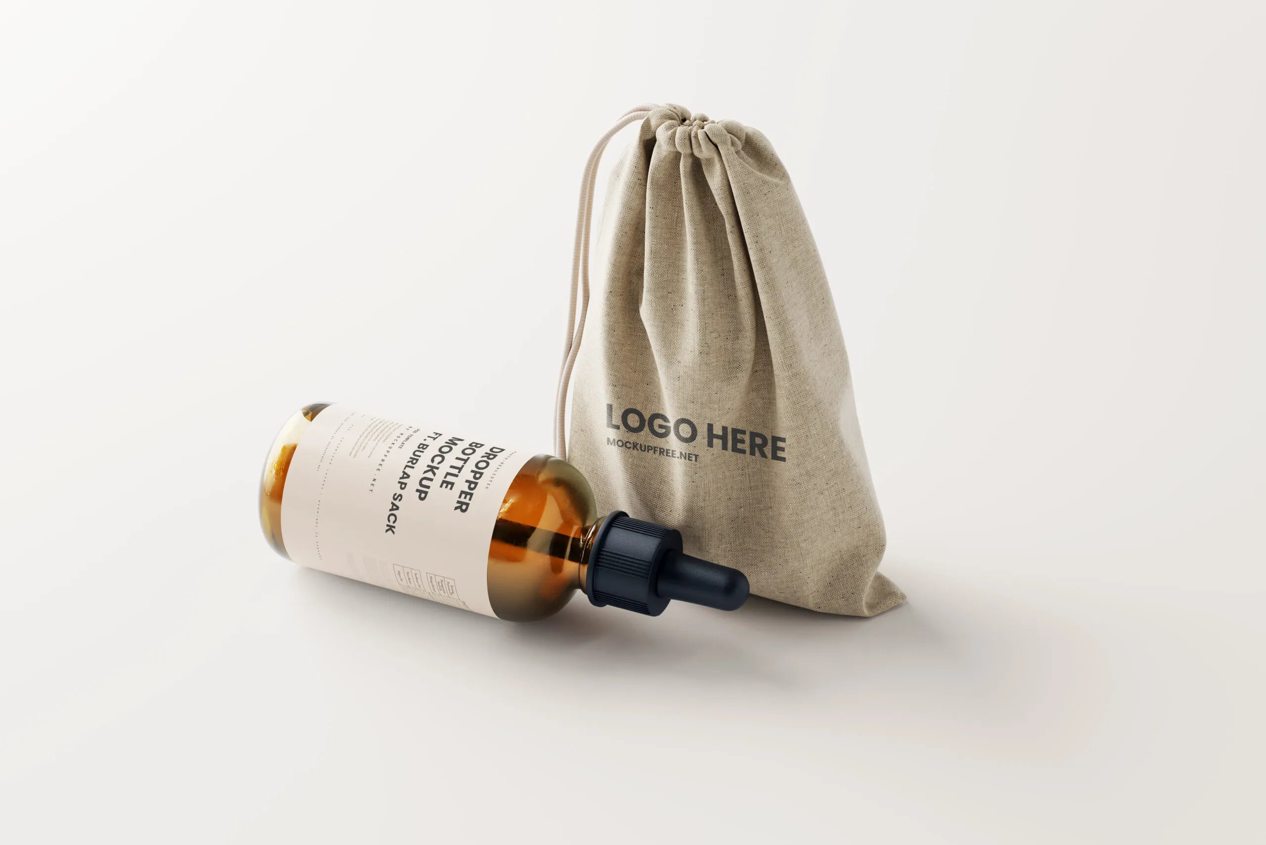 7 Mockups of Dropper Bottle with Burlap Sack FREE PSD