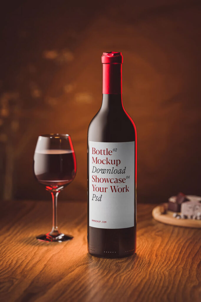 Front View of Standing Wine Bottle Mockup with Label