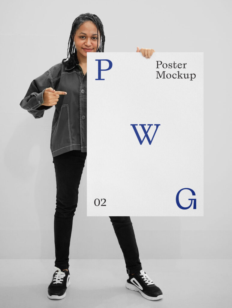 A Front View of a Women Holding Poster Mockup