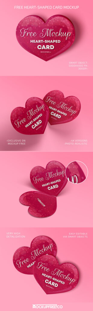 A Set of 4 Heart-Shaped Cards in Different Angles Mockup