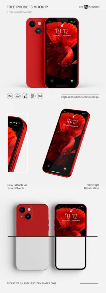 A Set of Three Realistic iPhone 13 Mockups