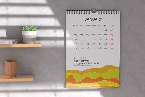 A3 Calendar Hung on the Wall Mockup Featuring Wooden Shelves and Plant Pots