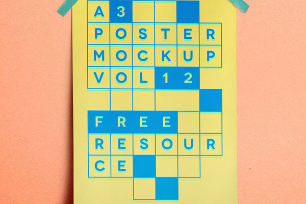 A3 Poster Stuck to Wall by Tape Mockup