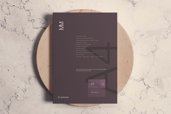 A4 Magazine Cover on a Circular Object on Marble Background Mockup