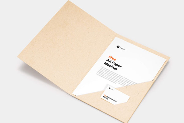 A4 Paper and Business Card on an Open Cardboard Folder Mockup
