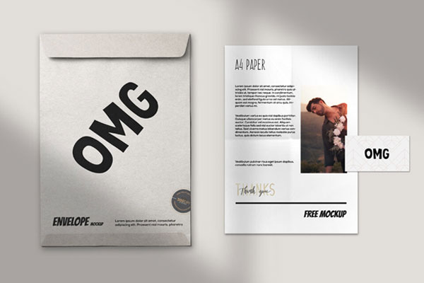 A4 Paper Flyer, a Business Card and C4 Envelope Paper Mockup