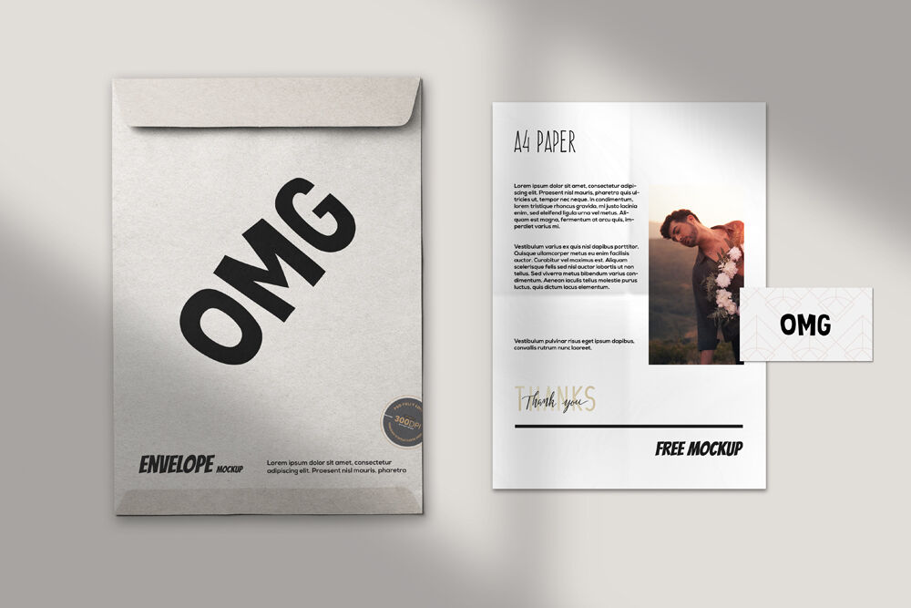 A4 Paper Flyer, a Business Card and C4 Envelope Paper Mockup