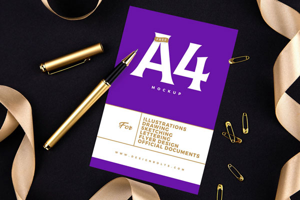 A4 Portrait Flyer with Pen and Safety Pins Around Mockup