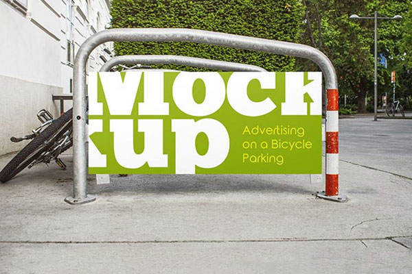 Advertising on a Bicycle Parking Mockup in Urban Setting