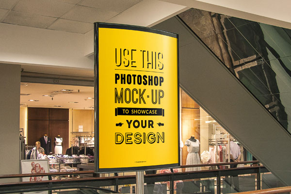 Advertising Poster Next to an Escalator in a Shopping Center Mockup