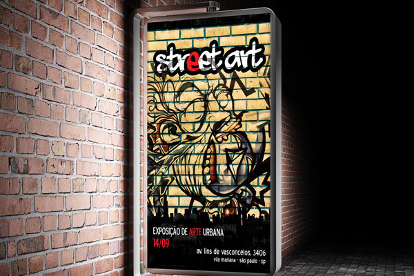 Advertising Stick Out Poster Display Glowing at Night Mockup