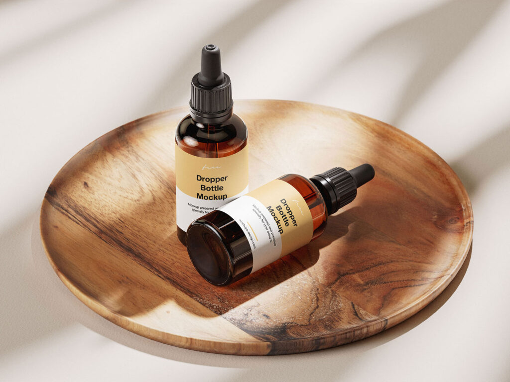 Amber Essential Bottle Mockup in 4 Showcases