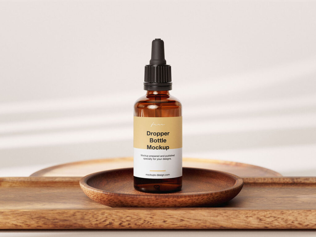 Amber Essential Bottle Mockup in 4 Showcases