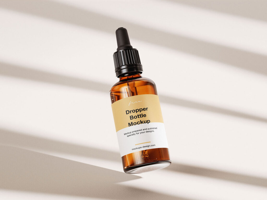 Amber Essential Bottle Mockup in 4 Showcases