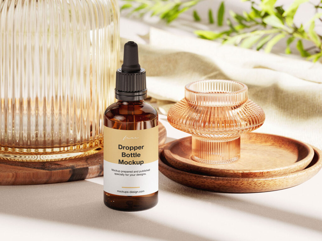Amber Essential Bottle Mockup in 4 Showcases