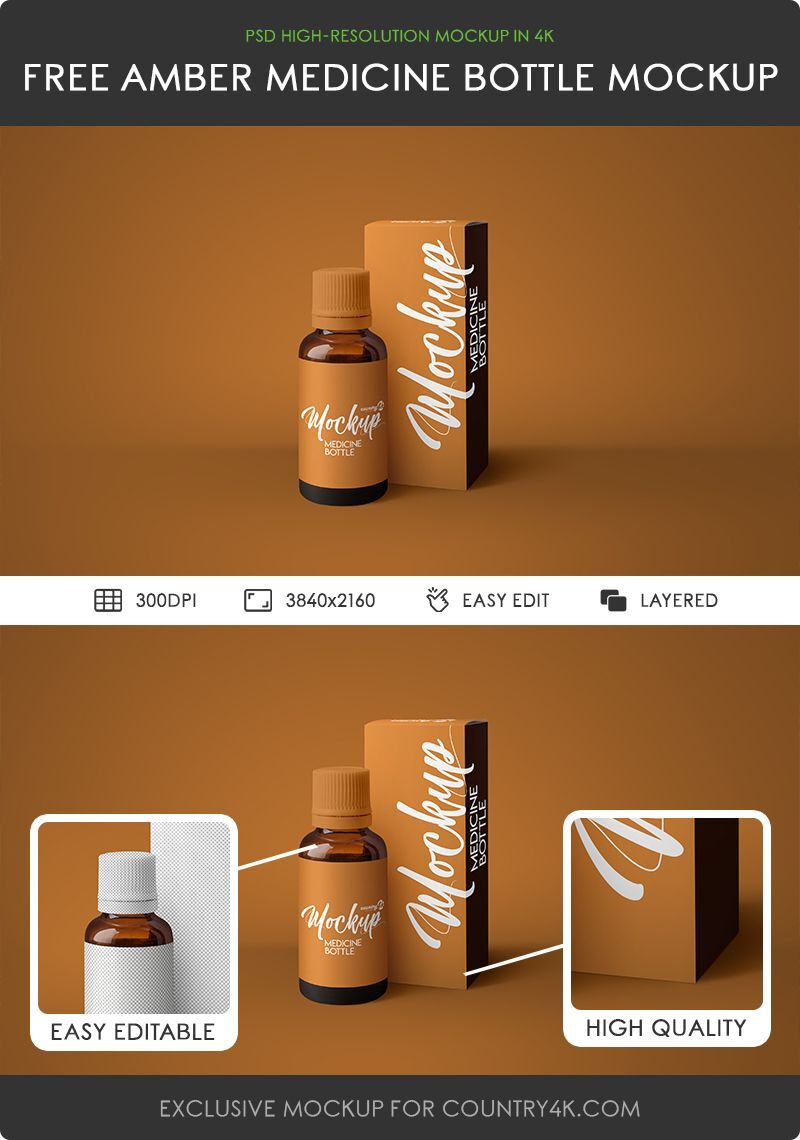 Amber Medicine Bottle Standing next to Packaging Mockup FREE PSD