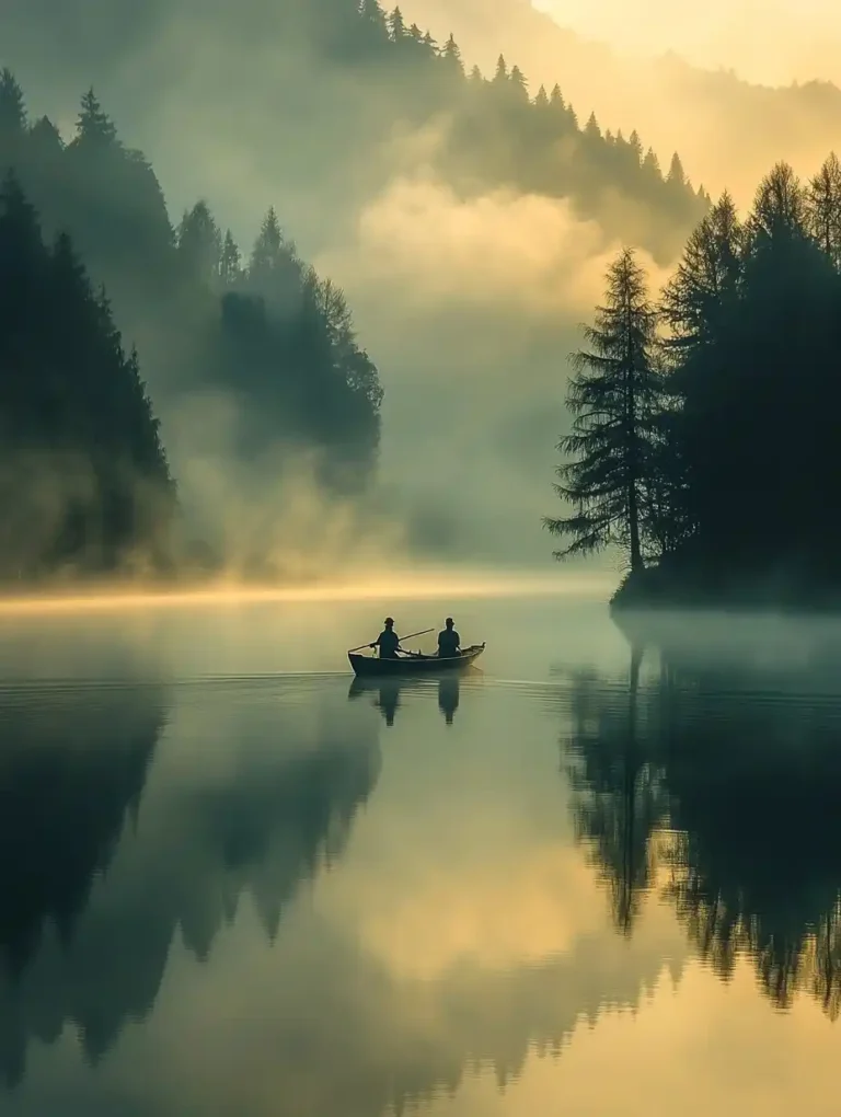 Ancient Boat on Foggy Lake